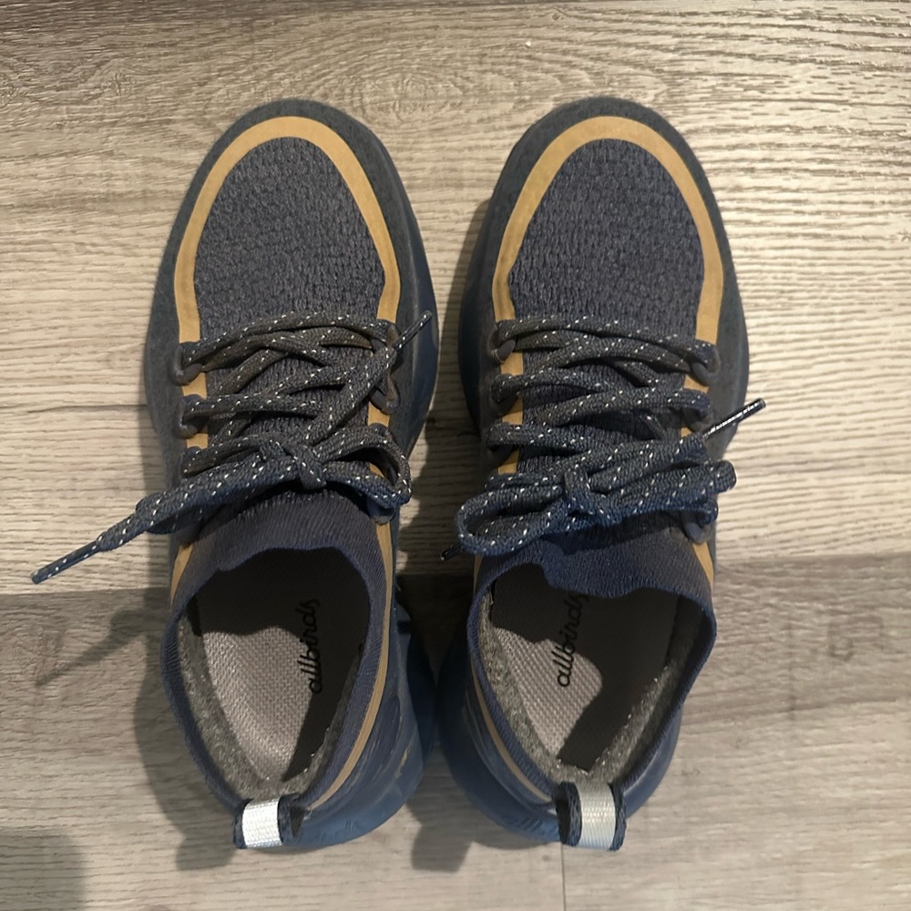 Allbirds Navy and Tan Trail Runners.